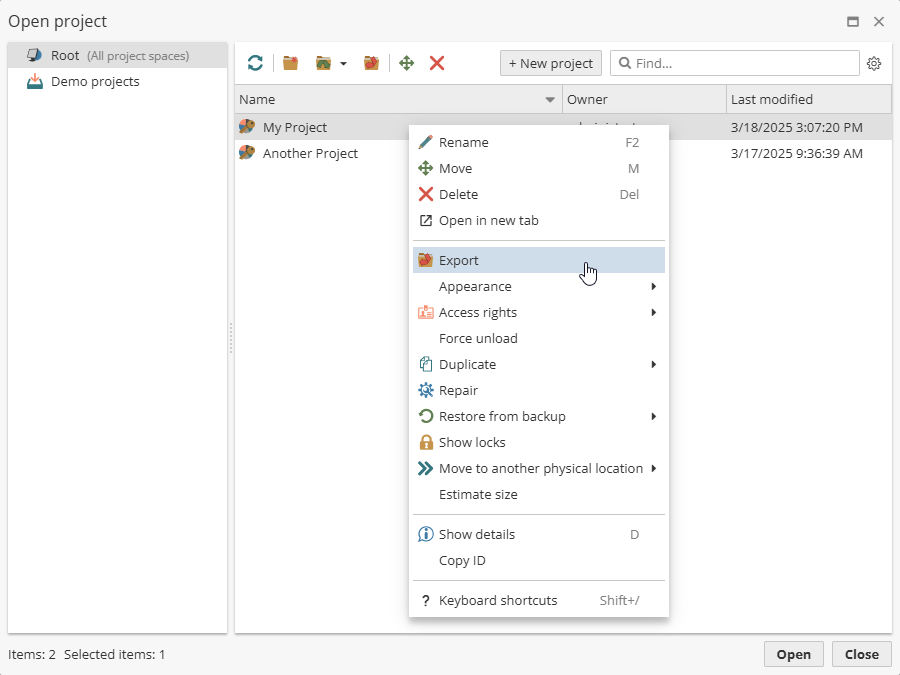 export menu option