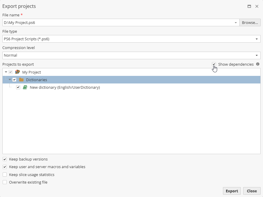 export projects dependencies