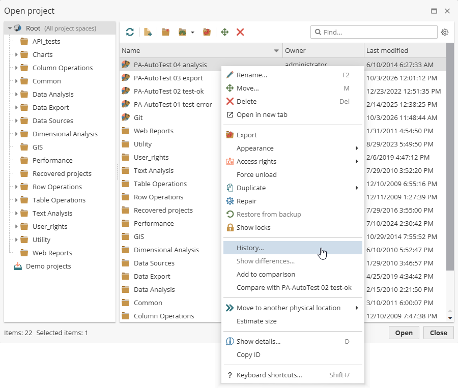 git commit history menu
