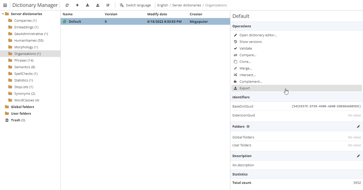 dict export button