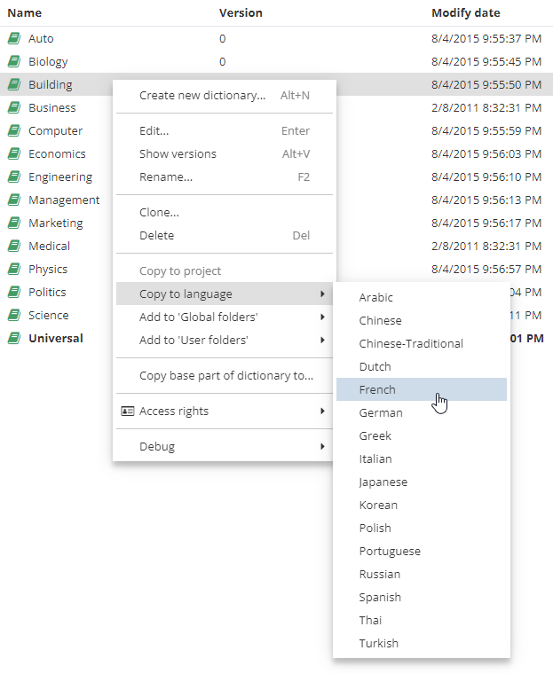 dict show language