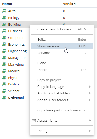 dict show versions